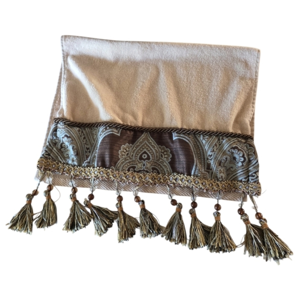 Vintage 2000s Tuscan Dream House Towel Cream and Brown Hand Towel Beaded Tassels